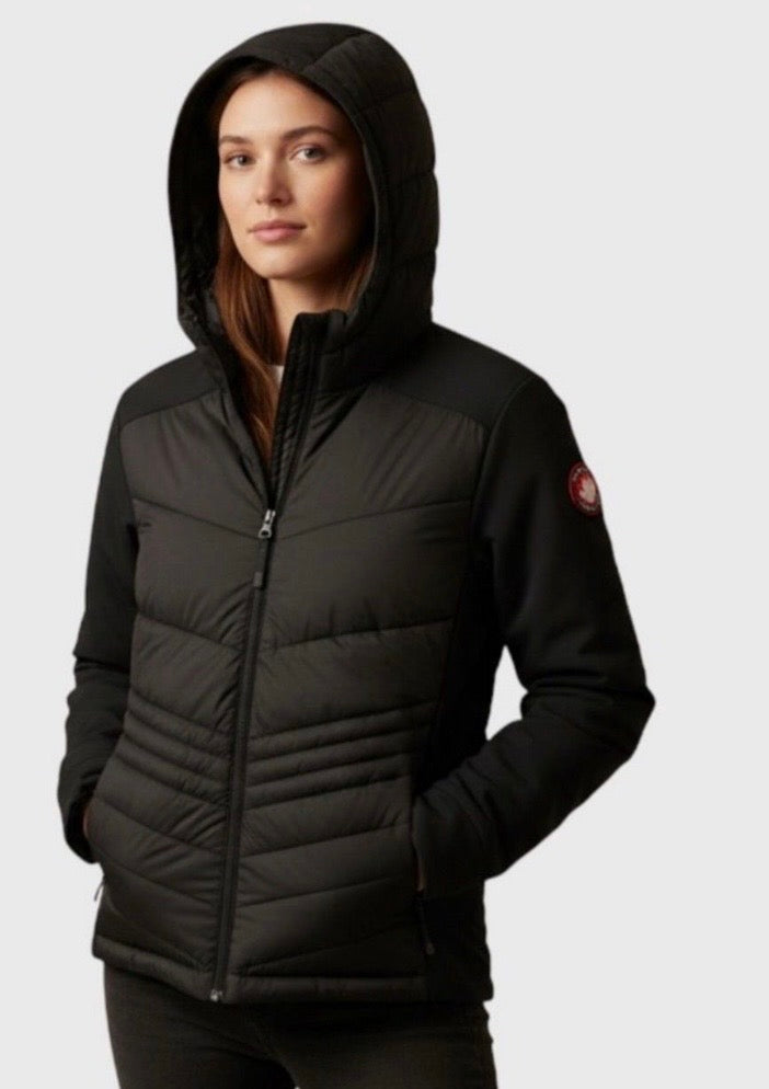 Canada weather gear women's hooded hybrid soft shell puffer jacket in black. Medium size.