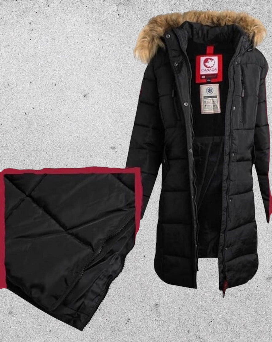 Canada weather gear women's heavyweight long length bubble puffer parka. In 1X size in black color.