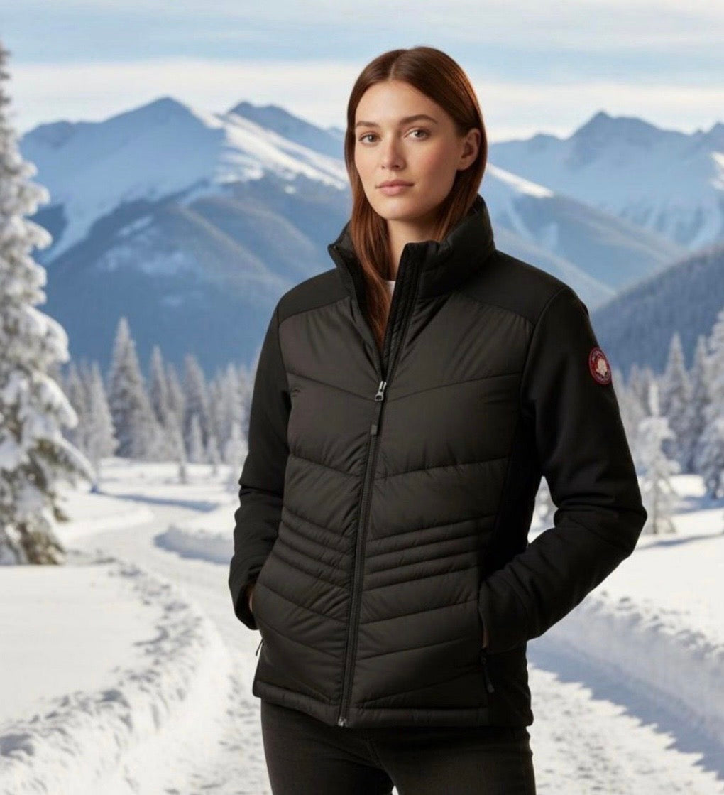 Canada weather gear women's hooded hybrid soft shell puffer jacket in black. Medium size.