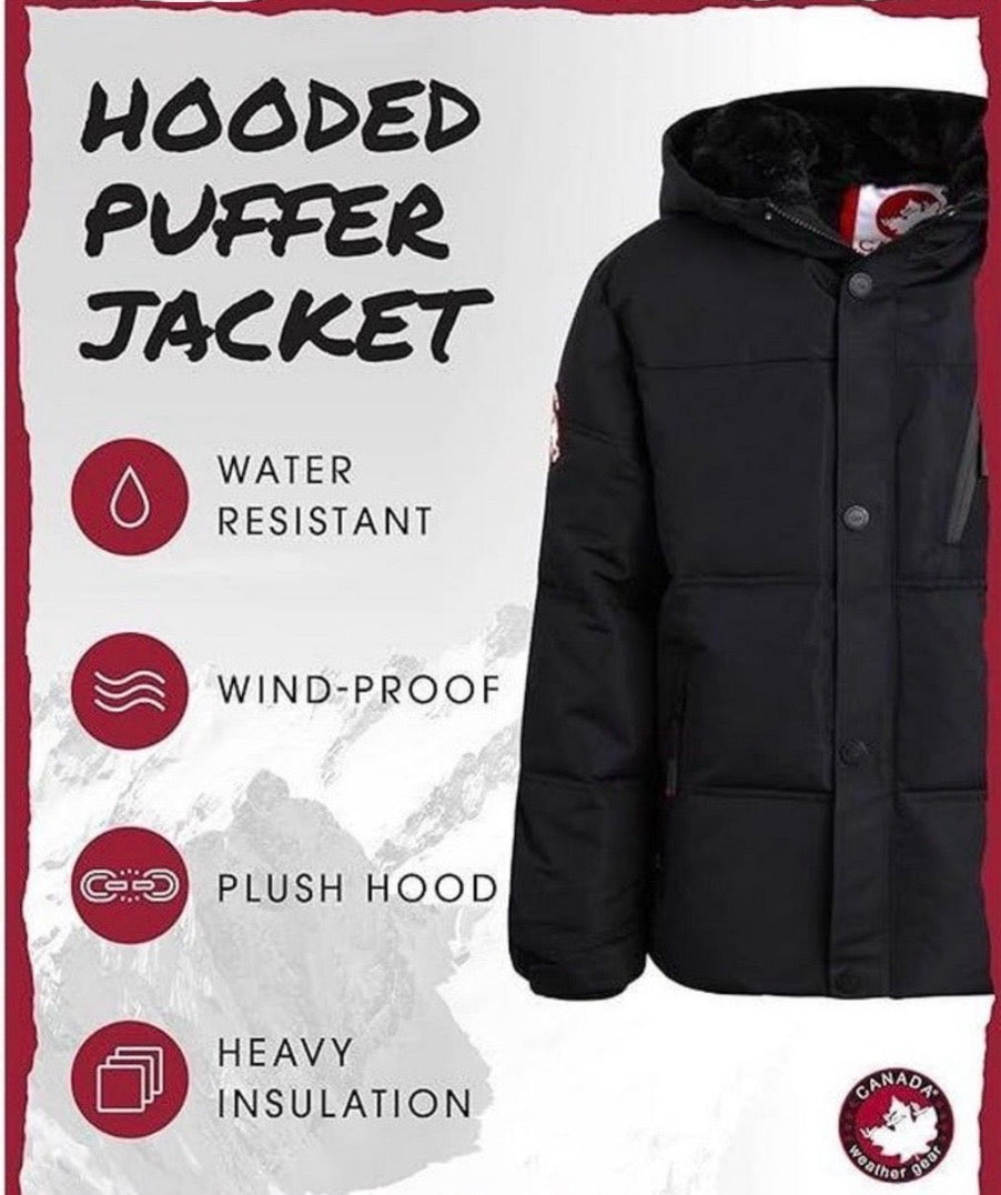 Canada weather gear boy's hooded puffer ski jacket with black fur lining. 18/20 XL size in black color.