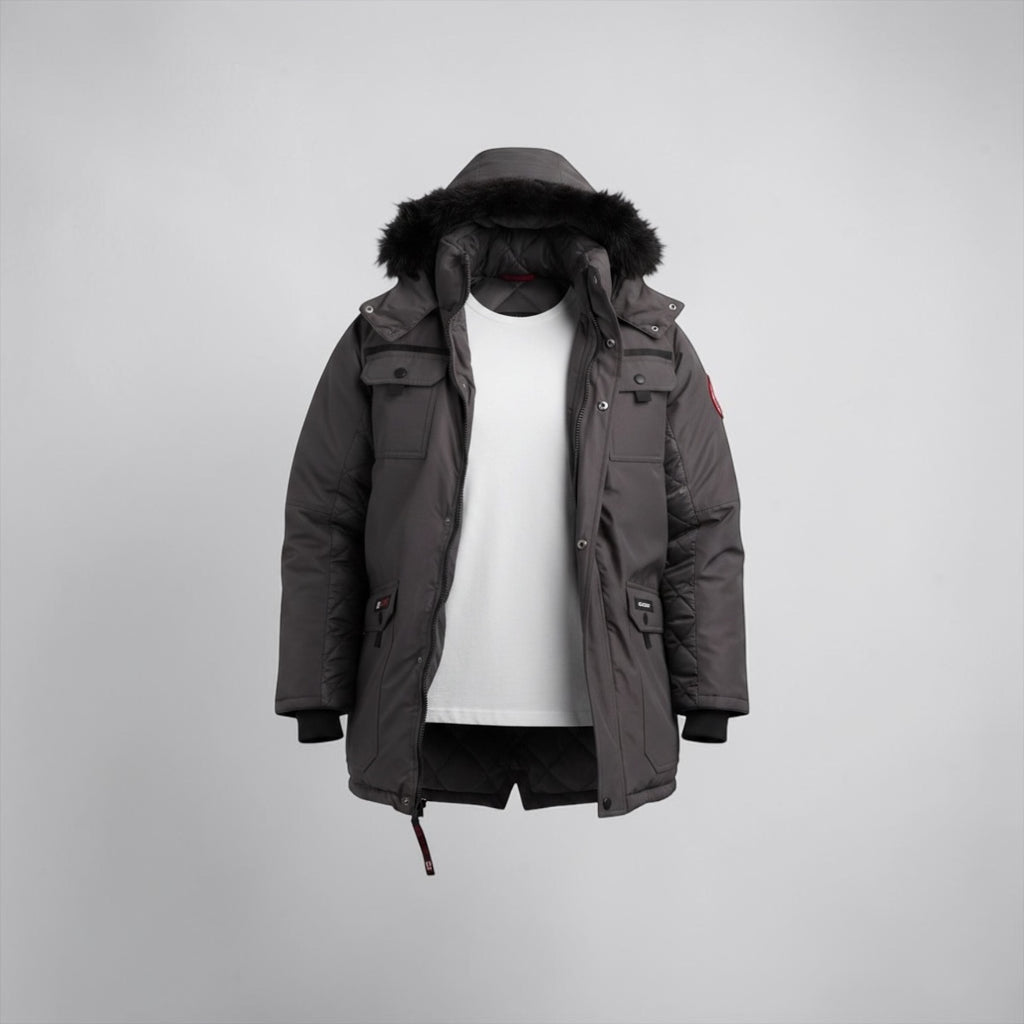 Canada weather gear men's parka. Heavyweight ripstop insulated thermafoil lined puffer winter jacket. Size 5X in charcoal color.