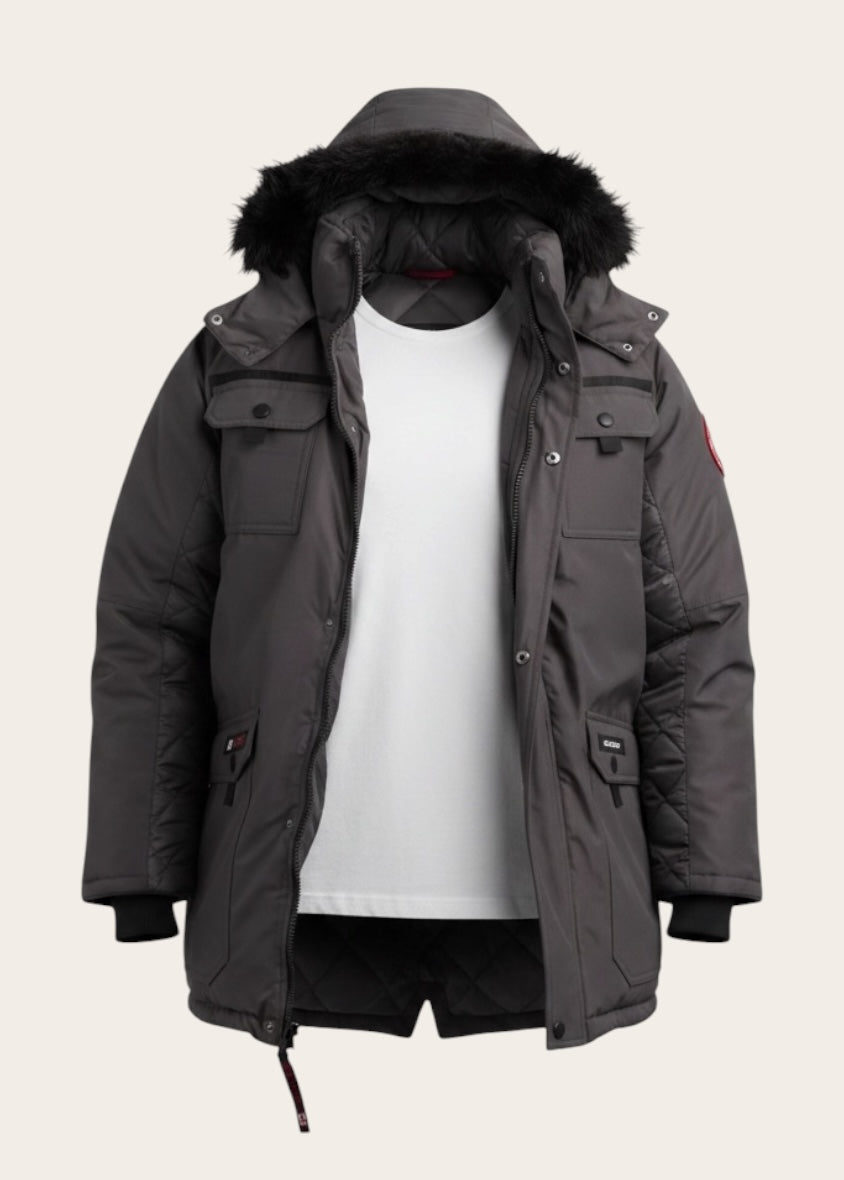 Canada weather gear men's parka. Heavyweight ripstop insulated thermafoil lined puffer winter jacket. Size 5X in charcoal color.