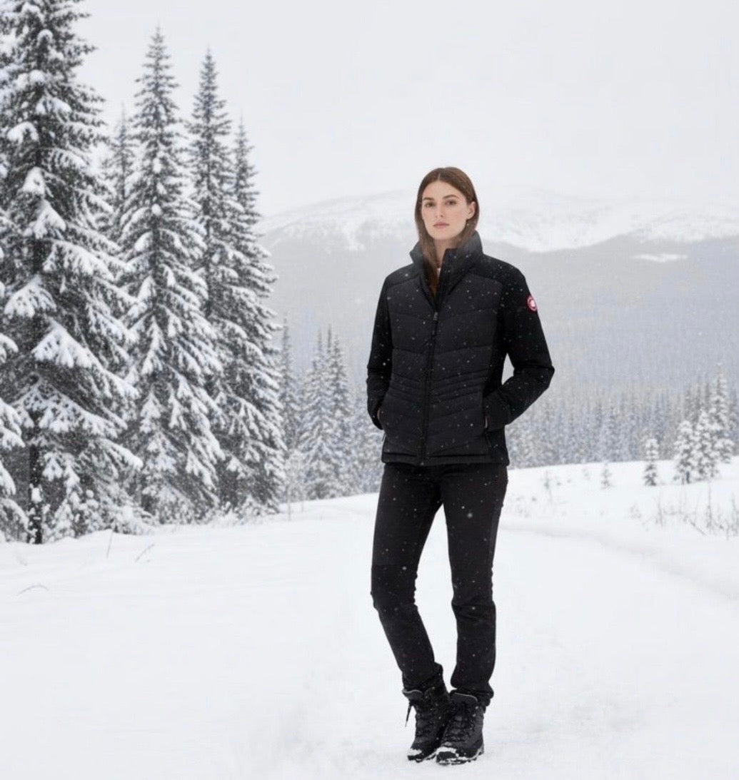 Canada weather gear women's hooded hybrid soft shell puffer jacket in black. Medium size.