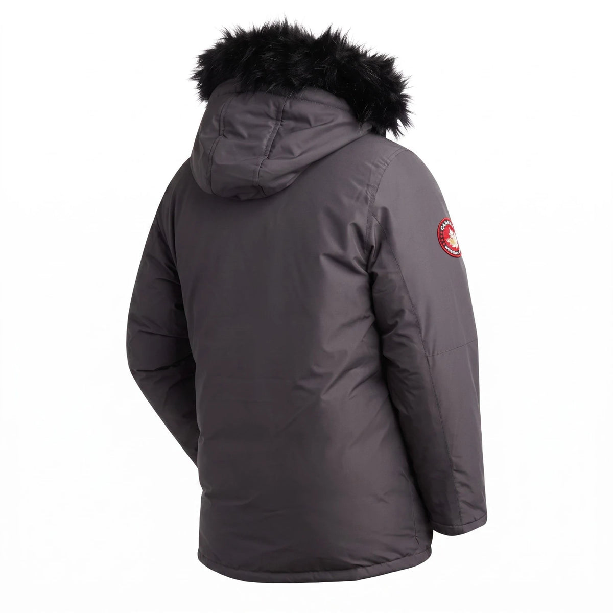 A dark gray Canada Goose parka jacket shown from the back, featuring a black faux-fur trimmed hood and a red and white Canada Goose logo patch on the left sleeve, set against a plain white background.
