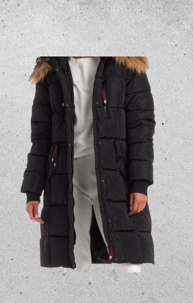 Canada weather gear women's heavyweight long length bubble puffer parka. In 1X size in black color.