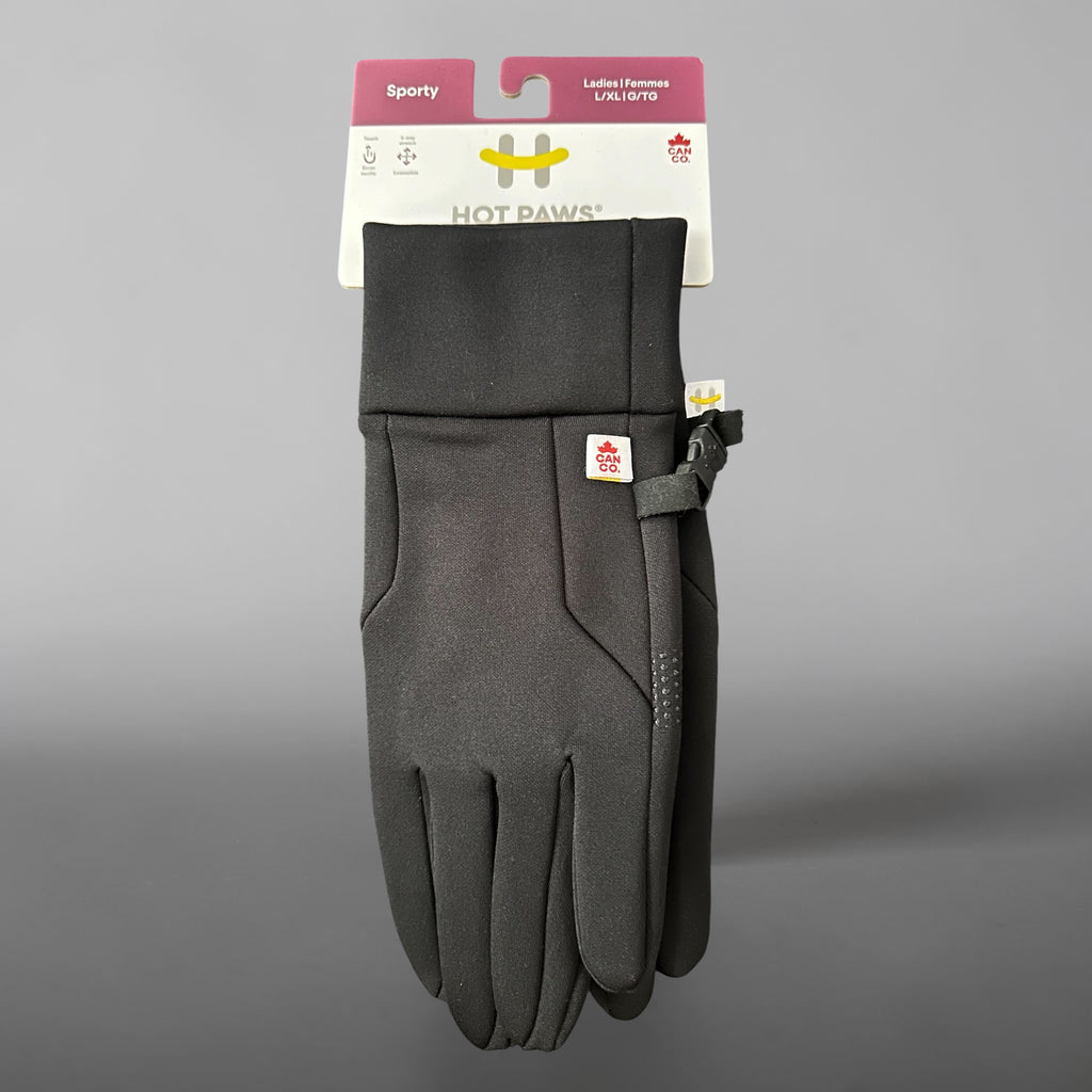 Hot paws ladies L/XL sporty athletic black gloves. Touch screen capable and stretchy fabric.