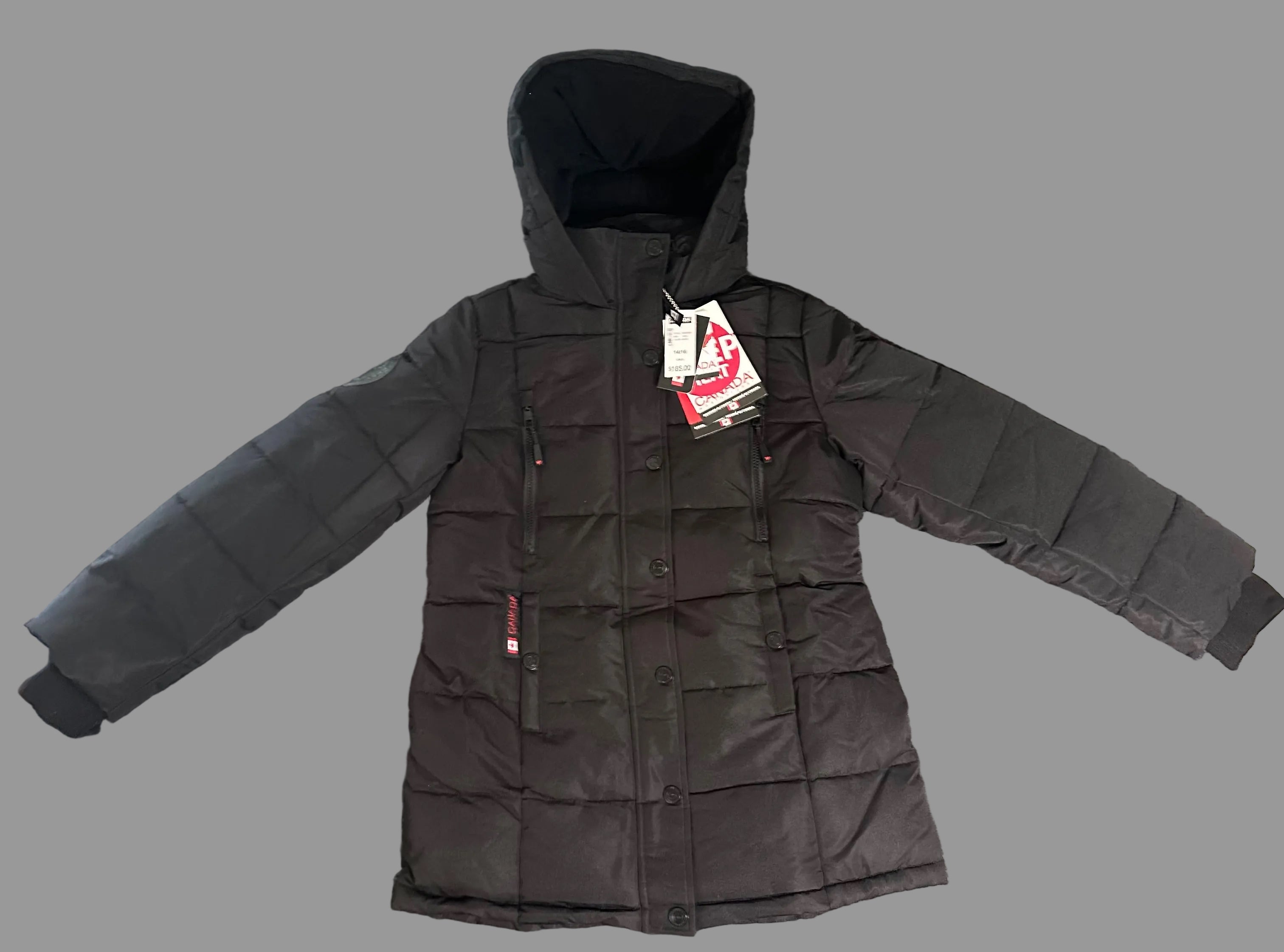 Canada weather gear girls small 7/8 stadium length quilted puffer parka in a black color.