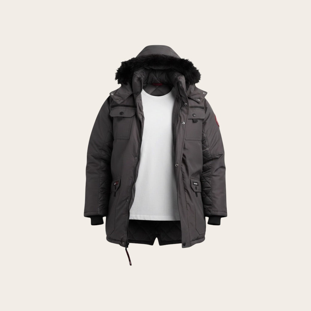 Canada weather gear men's parka. Heavyweight ripstop insulated thermafoil lined puffer winter jacket. Size 5X in charcoal color.