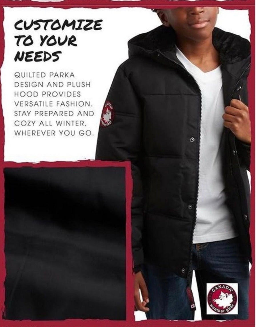 Canada weather gear boy's hooded puffer ski jacket with black fur lining. 18/20 XL size in black color.