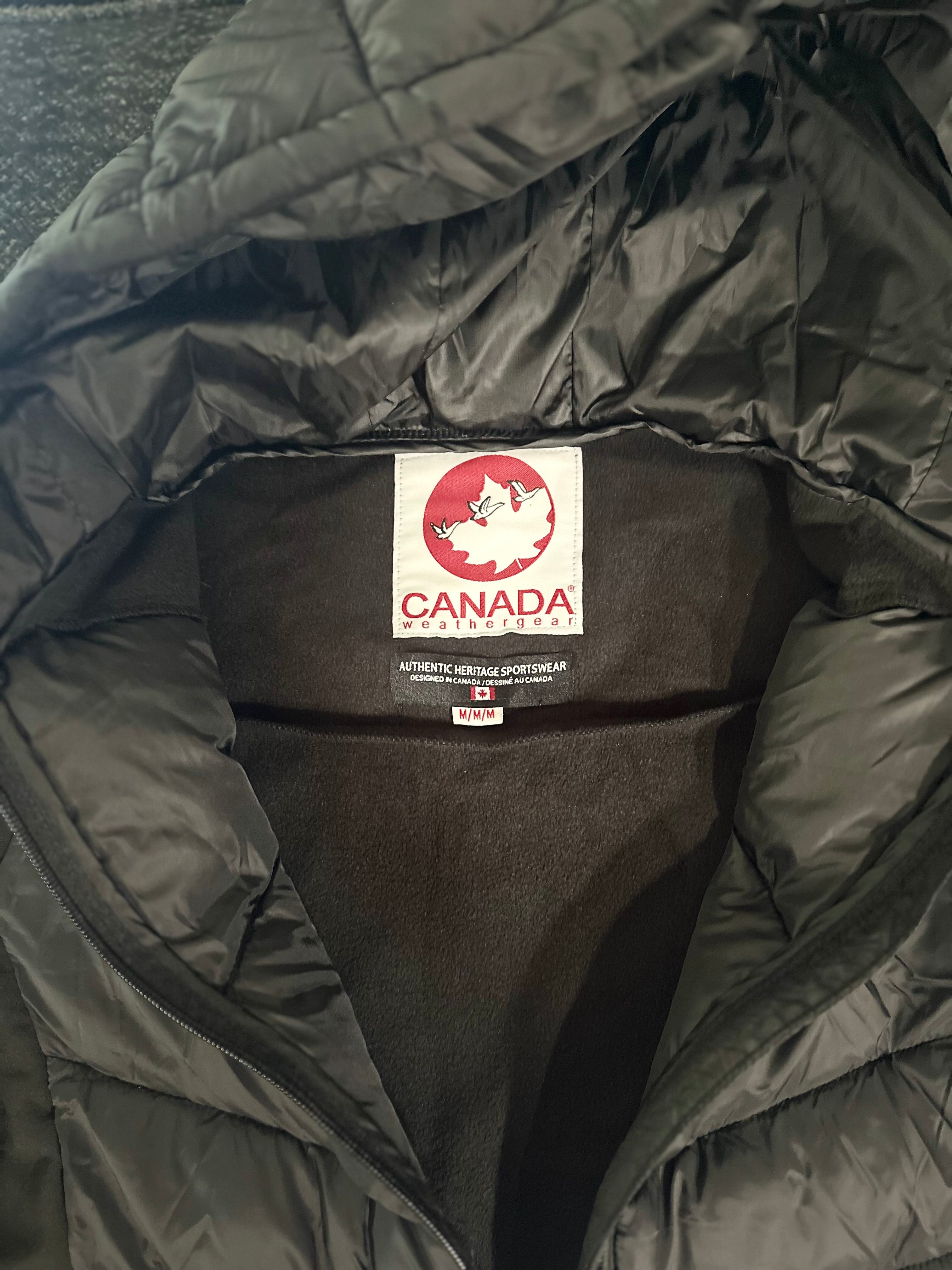 Canada weather gear women's hooded hybrid soft shell puffer jacket in black. Medium size.
