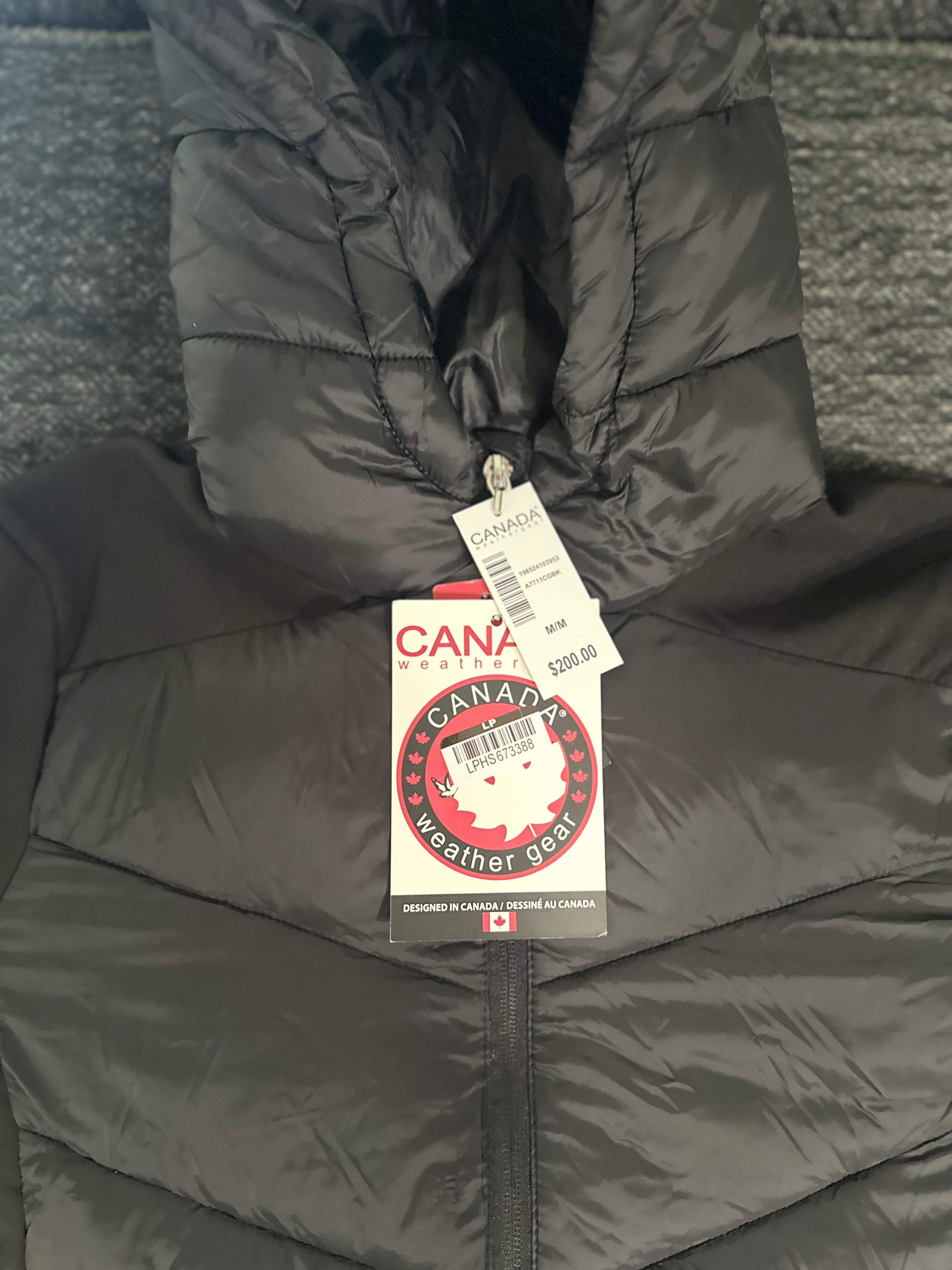 Canada weather gear women's hooded hybrid soft shell puffer jacket in black. Medium size.