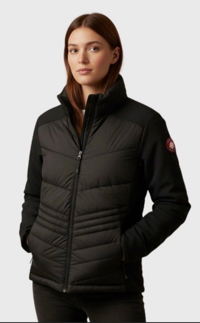 Canada weather gear women's hooded hybrid soft shell puffer jacket in black. Medium size.
