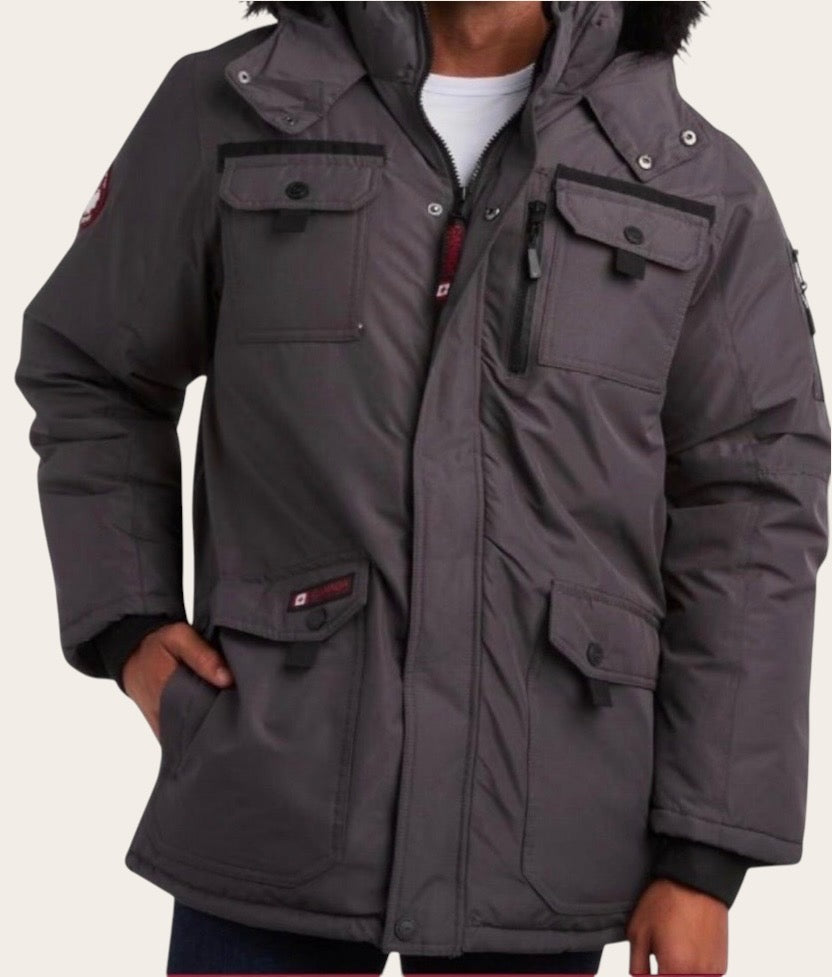 Canada weather gear men's parka. Heavyweight ripstop insulated thermafoil lined puffer winter jacket. Size 5X in charcoal color.