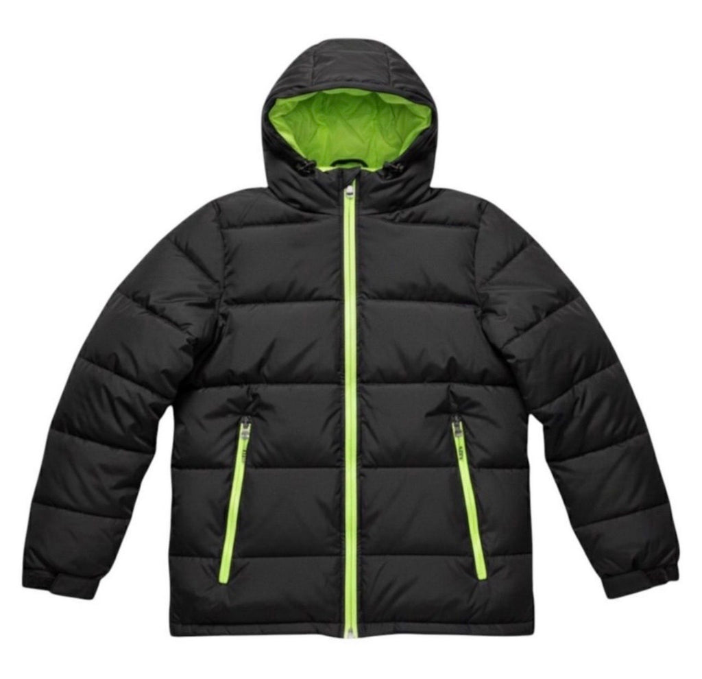 Canada weather gear boys super triple goose hooded puffer jacket with pop color zipper. Boys 18|20 XL in black color with yellow accents.