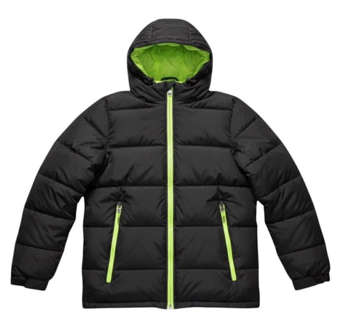 Canada weather gear boys super triple goose hooded puffer jacket with pop color zipper. Boys 18|20 XL in black color with yellow accents.