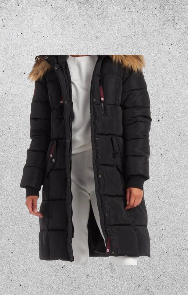 Canada weather gear women's heavyweight long length bubble puffer parka. In 1X size in black color.
