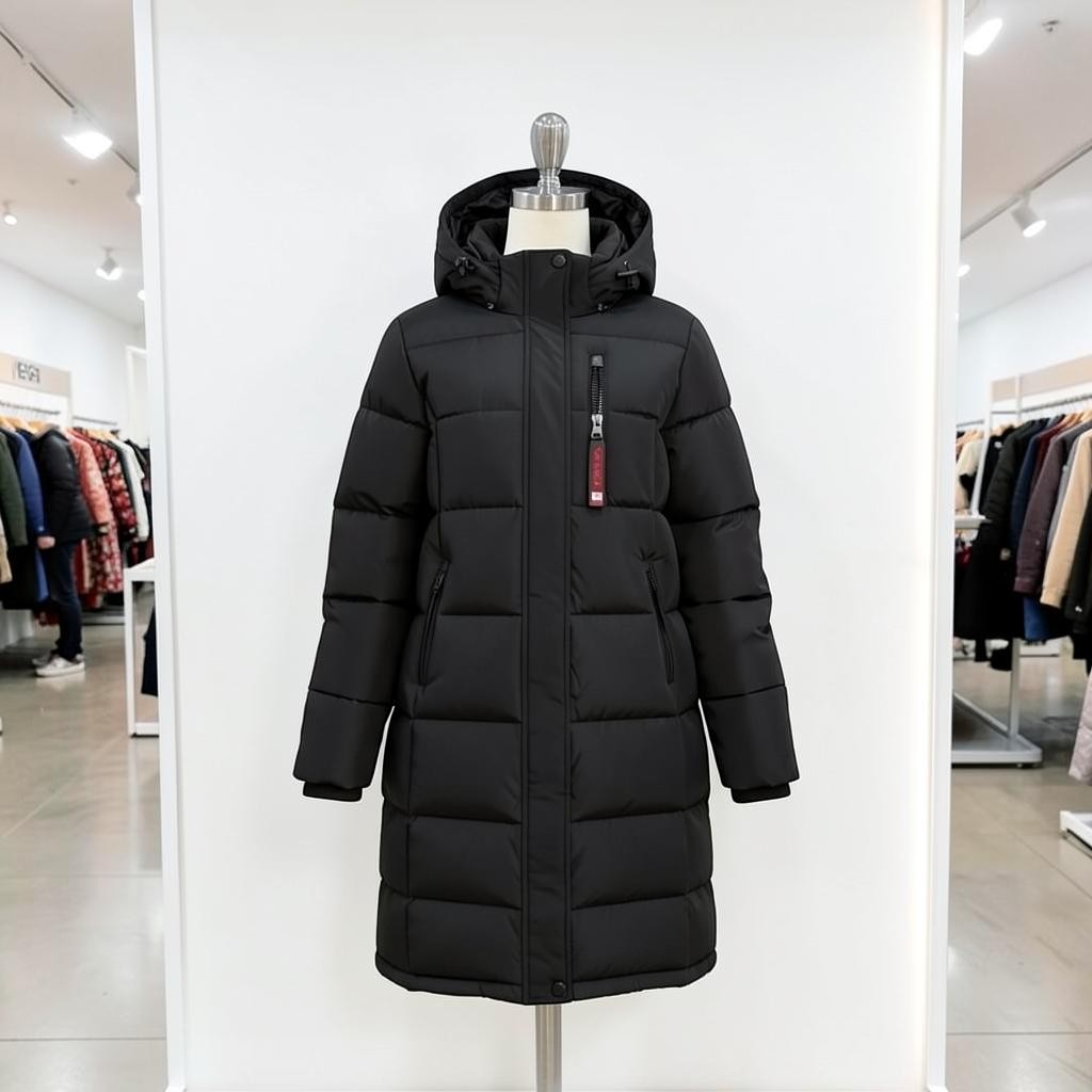 LUXAZON black insulated long-line puffer jacket with a hood, zippered chest pocket, and quilted design on a mannequin.