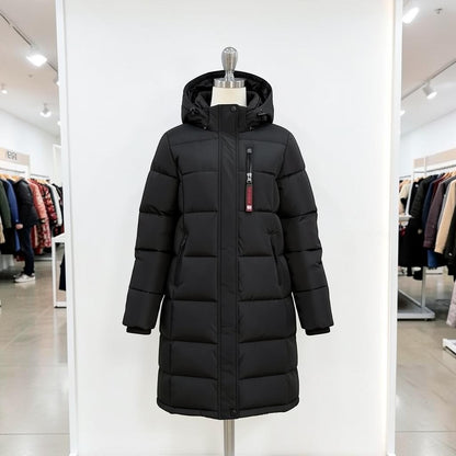 LUXAZON black insulated long-line puffer jacket with a hood, zippered chest pocket, and quilted design on a mannequin.