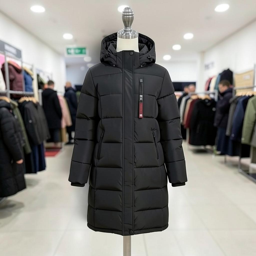 LUXAZON black insulated puffer jacket with a hood, quilted design, and zippered chest pocket on a mannequin.