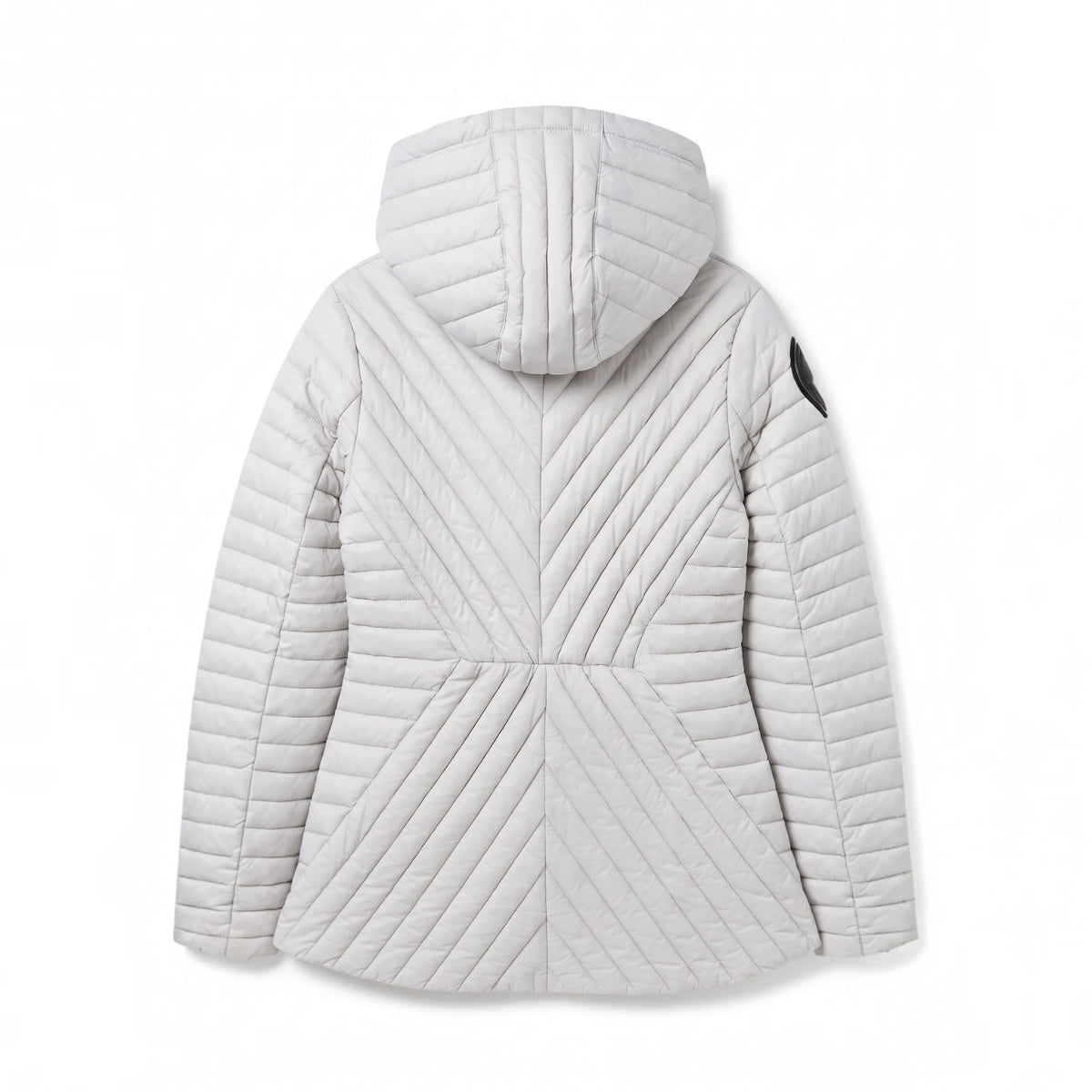 A light gray quilted hooded jacket shown from the back, featuring diagonal stitching and a small black patch on the upper left shoulder, set against a plain white background. ##White