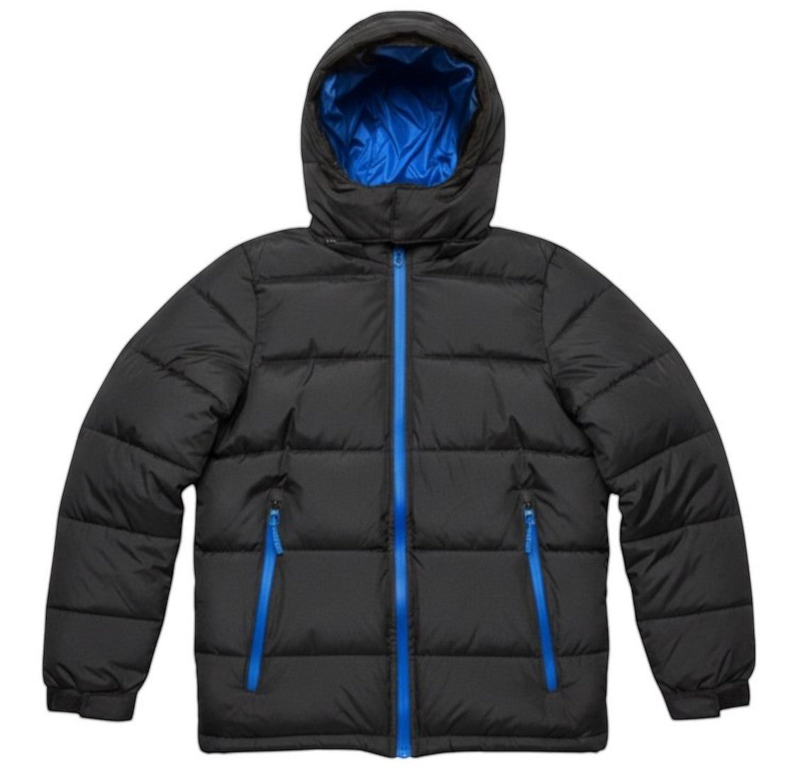 LUXAZON boys black hooded puffer coat with vibrant blue interior lining and matching blue zipper accents.