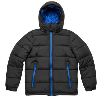 LUXAZON boys black hooded puffer coat with vibrant blue interior lining and matching blue zipper accents.