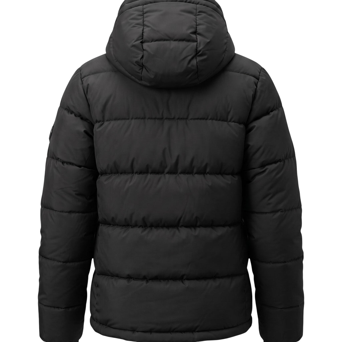 Back view of a LUXAZON boys black hooded puffer coat with quilted insulation and water-resistant fabric.