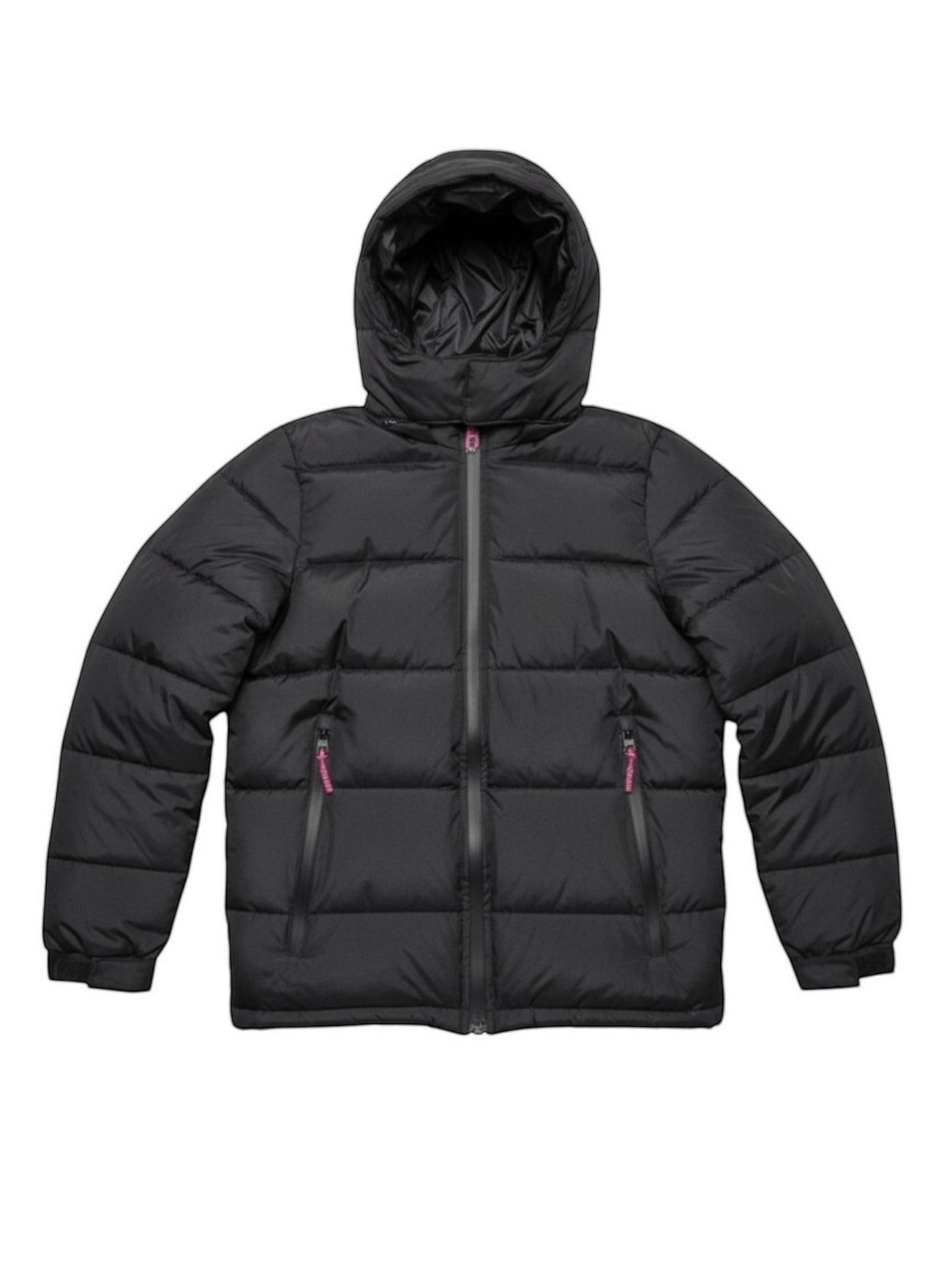 LUXAZON boys black hooded puffer coat with heavyweight quilted insulation, full-zip front, and contrast pink accents.