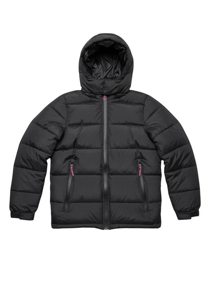 LUXAZON boys black hooded puffer coat with heavyweight quilted insulation, full-zip front, and contrast pink accents.