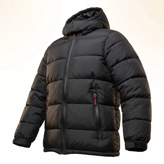 LUXAZON boys black hooded puffer coat with quilted insulation, water-resistant shell, and contrast zipper details.