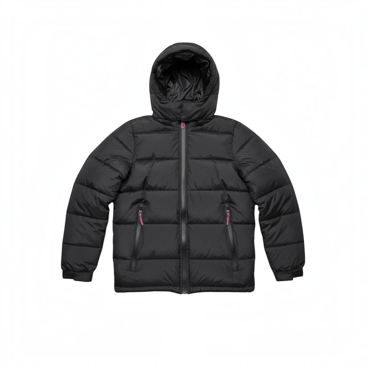 LUXAZON boys black hooded puffer coat with heavyweight quilted insulation, full-zip front, and pink zipper accents.