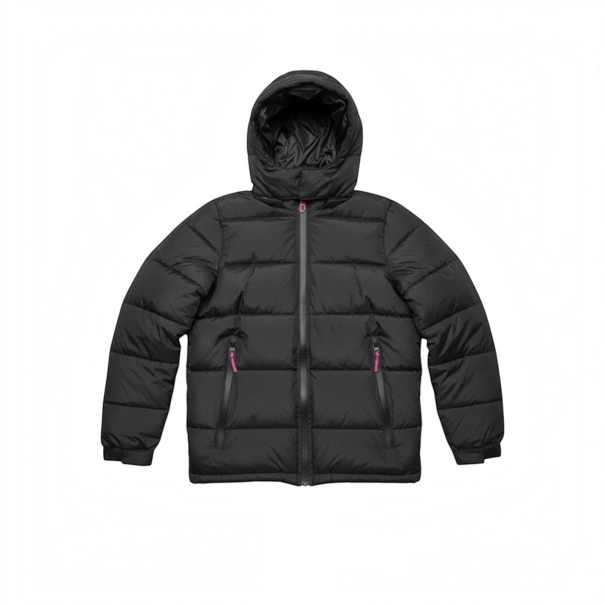 LUXAZON boys black hooded puffer coat with heavyweight quilted insulation, full-zip front, and pink zipper accents.