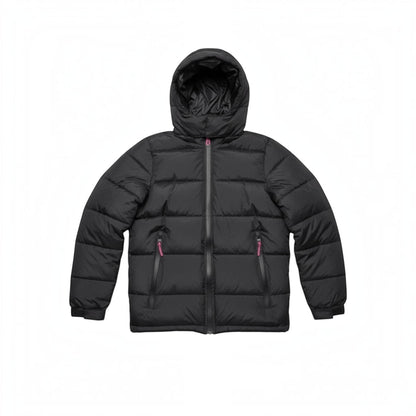 LUXAZON boys black hooded puffer coat with heavyweight quilted insulation, full-zip front, and pink zipper accents.