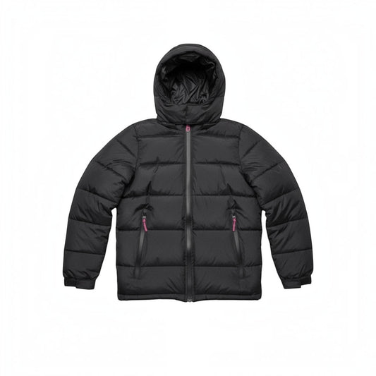 LUXAZON boys black hooded puffer coat with heavyweight quilted insulation, full-zip front, and pink zipper accents.