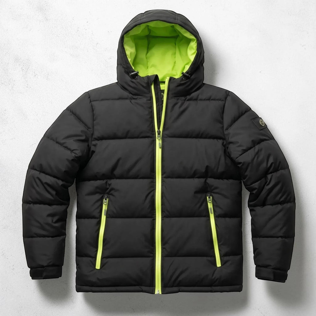LUXAZON boys black hooded puffer coat with bright lime green lining and zipper accents for winter warmth. ##Black / tennis