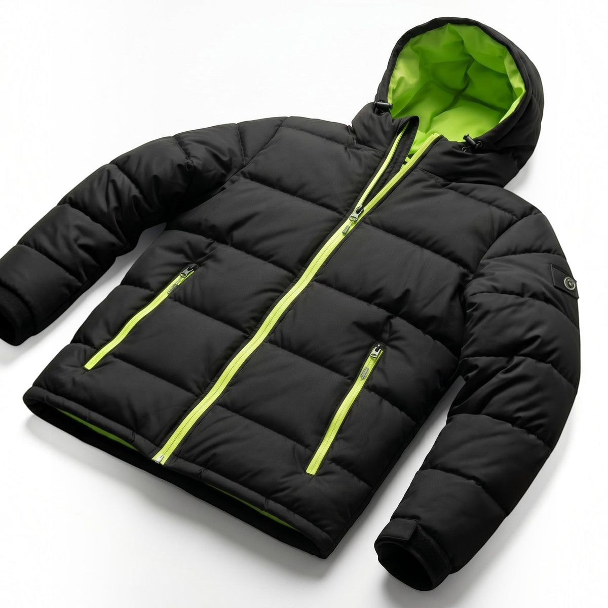A black hooded puffer jacket with bright neon yellow-green zippers and a matching neon yellow-green interior lining, shown on a clean white background. ##Black / tennis