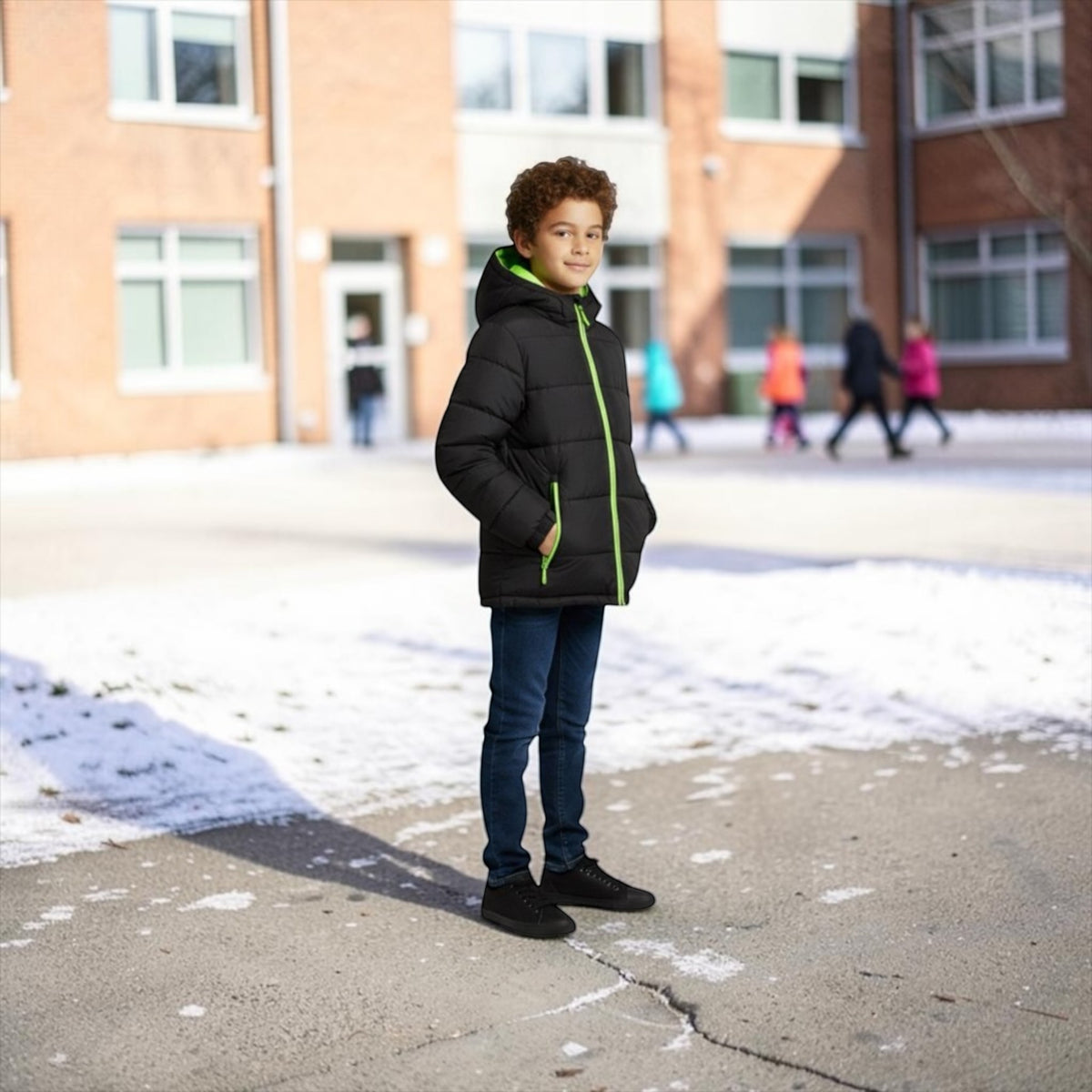 A young boy wearing a black puffer jacket with bright green zipper accents, blue jeans, and black sneakers stands on a snowy schoolyard pavement in front of a brick building. ##Black / tennis