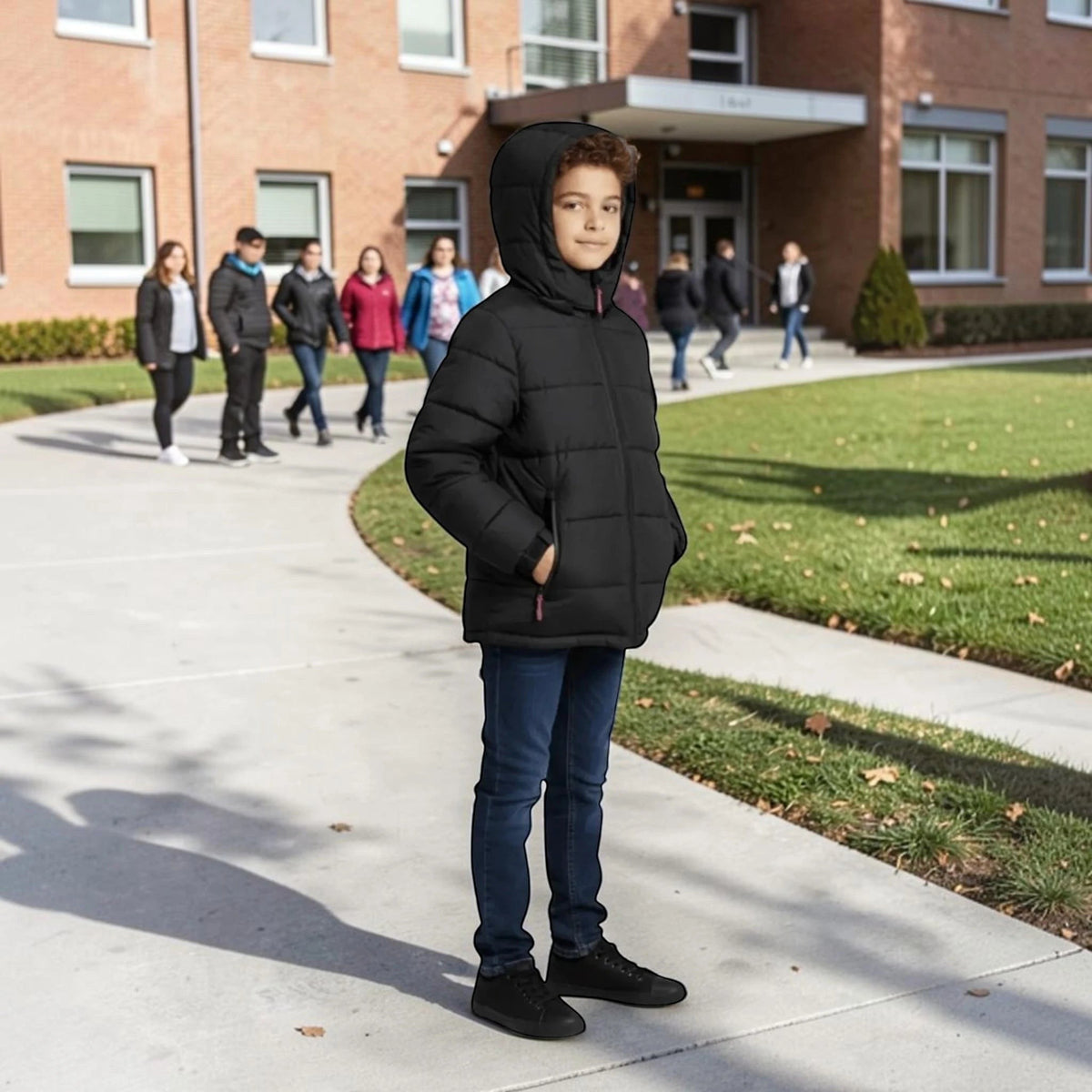 A boy wearing a black LUXAZON hooded puffer coat with a full-zip front, standing outside a school building.