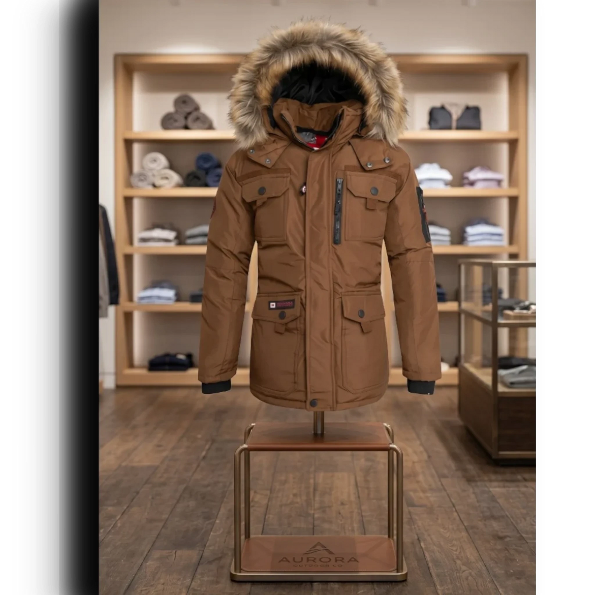 LUXAZON boys' brown heavyweight hooded parka with faux fur trim, water-resistant shell, and multiple utility pockets.
