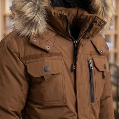 LUXAZON boys' brown heavyweight hooded parka with water-resistant shell, zipper pockets, and removable faux fur hood trim.