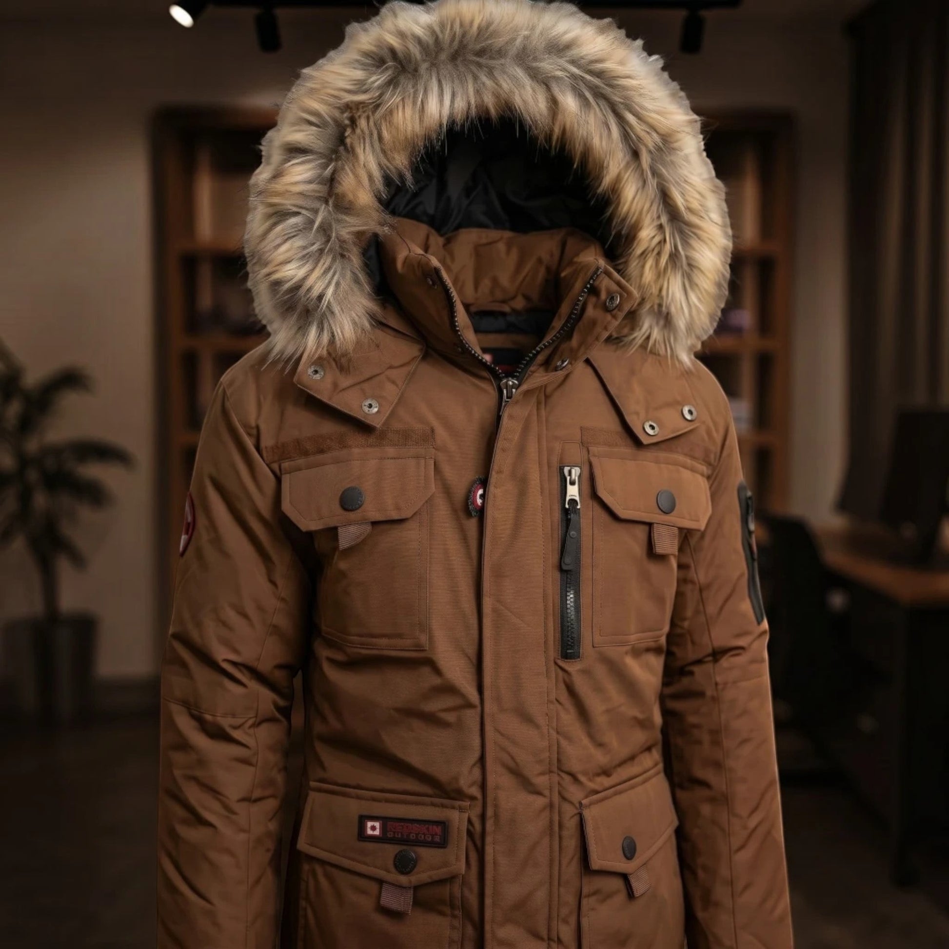 LUXAZON boys' brown heavyweight parka winter jacket with a faux fur-trimmed hood, multiple pockets, and ribbed cuffs.