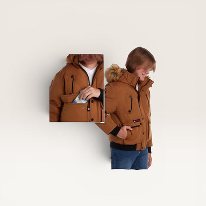 LUXAZON boys' tan insulated bomber parka with faux fur hood and deep pockets worn by a young man