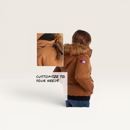 LUXAZON boys' brown insulated bomber parka with a detachable faux fur-trimmed hood and sleeve patch detail.