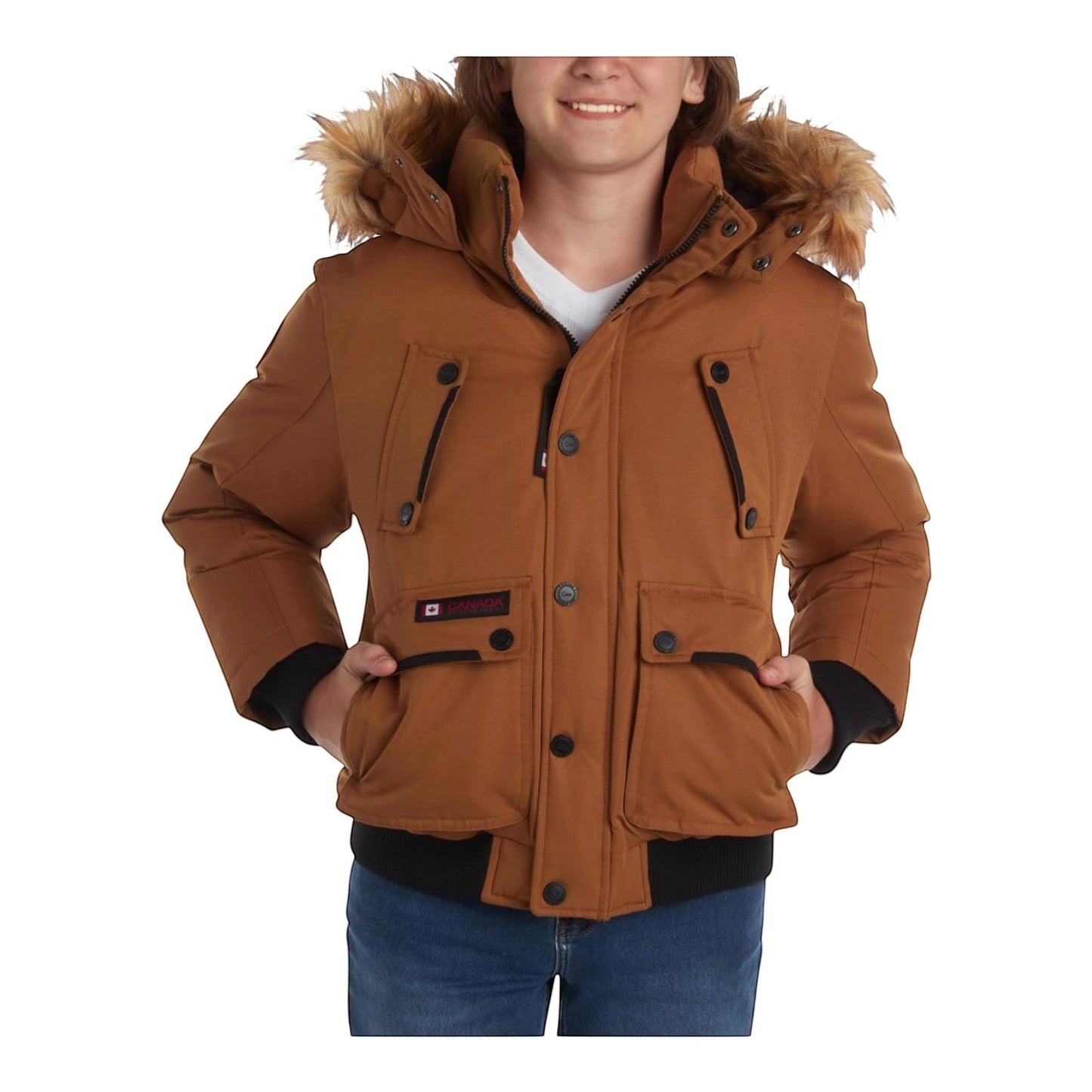 LUXAZON boys' brown insulated bomber parka with a detachable faux fur-trimmed hood and multiple utility pockets.