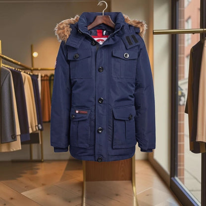 LUXAZON boys' navy blue heavyweight hooded parka with faux fur trim, water-resistant shell, and multiple pockets.