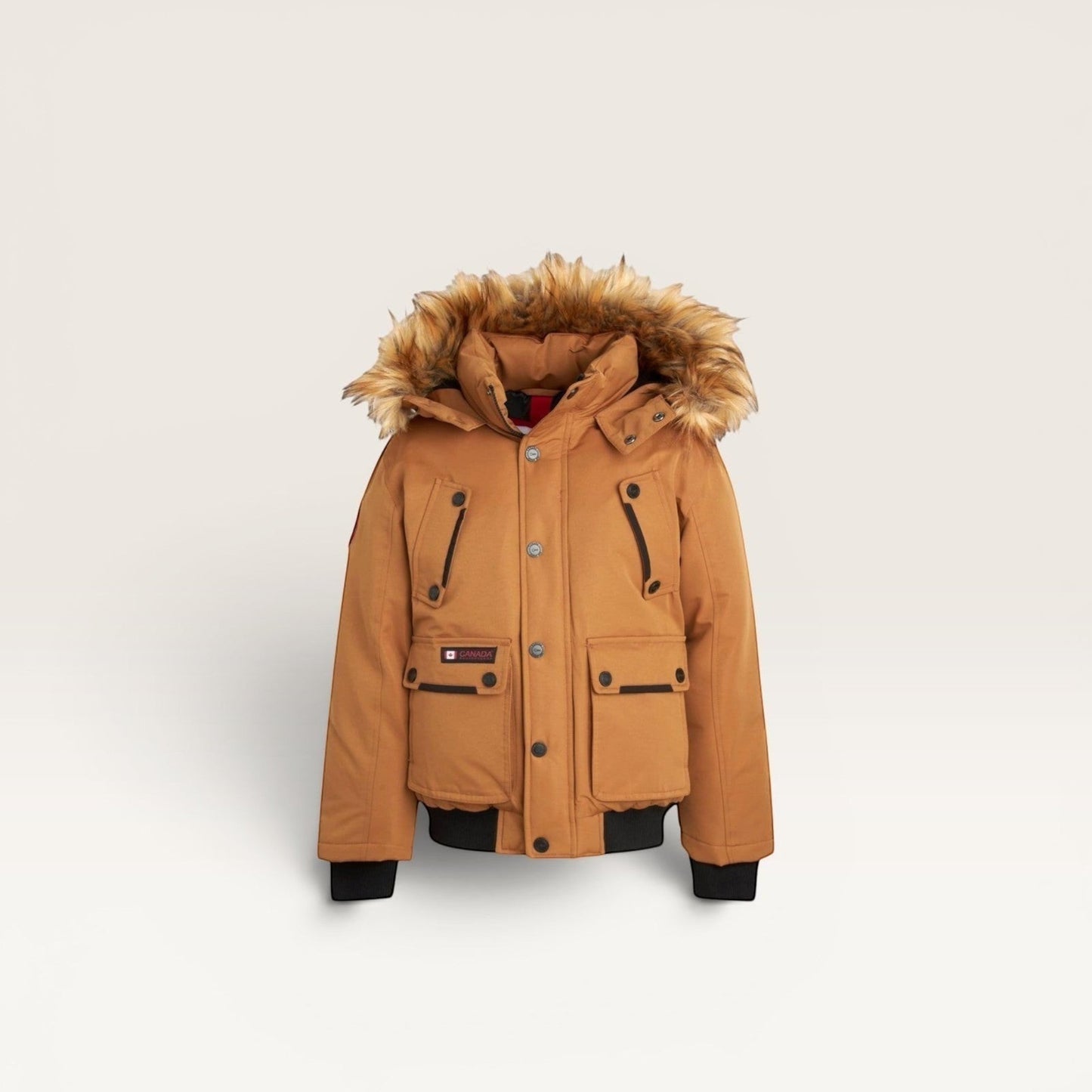 LUXAZON boys' tan insulated bomber parka with a detachable faux fur-trimmed hood and multiple utility pockets.