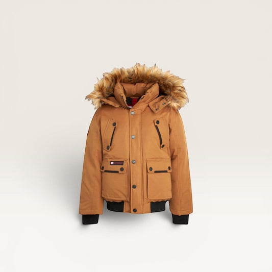 LUXAZON boys' tan insulated bomber parka with a detachable faux fur-trimmed hood and multiple utility pockets.