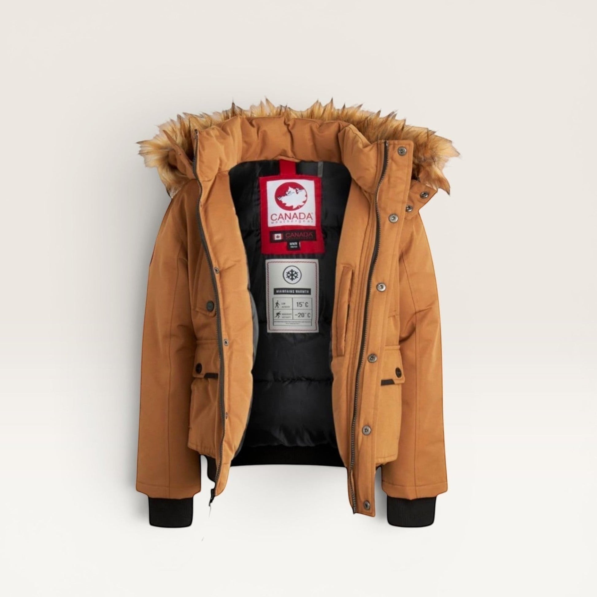 LUXAZON boys' tan insulated bomber parka with a detachable faux fur-trimmed hood and water-resistant shell.