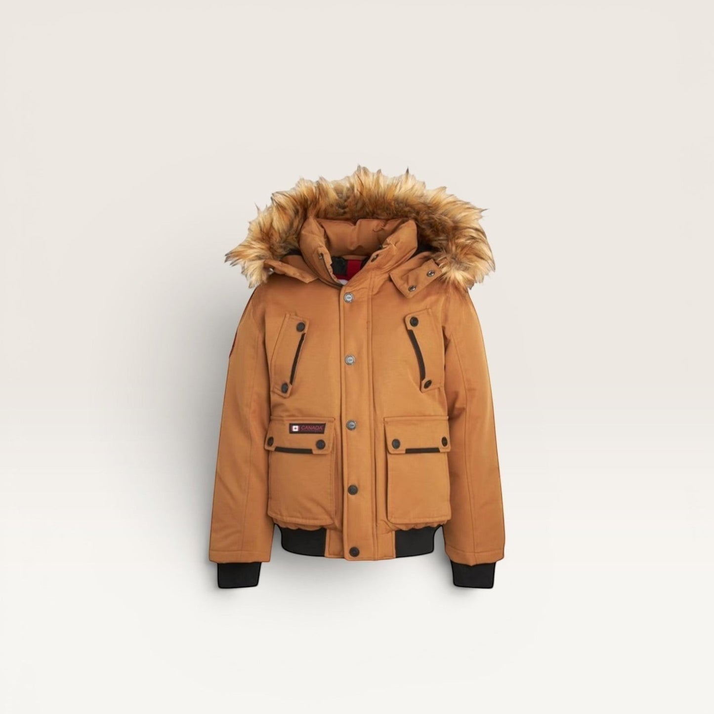 LUXAZON boys' tan insulated bomber parka with a detachable faux fur-trimmed hood and black ribbed cuffs.