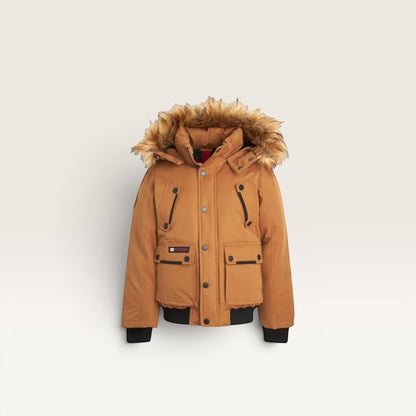 LUXAZON boys' tan insulated bomber parka with a detachable faux fur-trimmed hood and black ribbed cuffs.